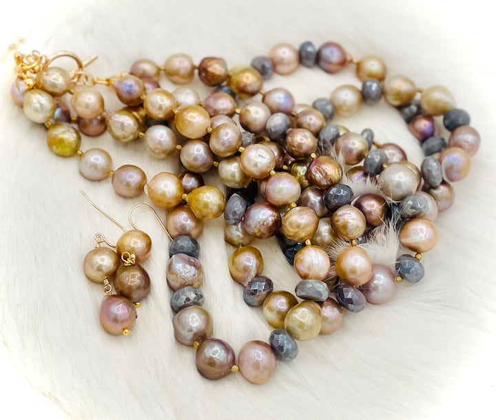 Beaded 2 strand necklace featuring natural luster pearls, grey silverite, and bronze accents with matching earrings. Available only from Rockstar Cowgirl online or in store in Cody, Wyoming.