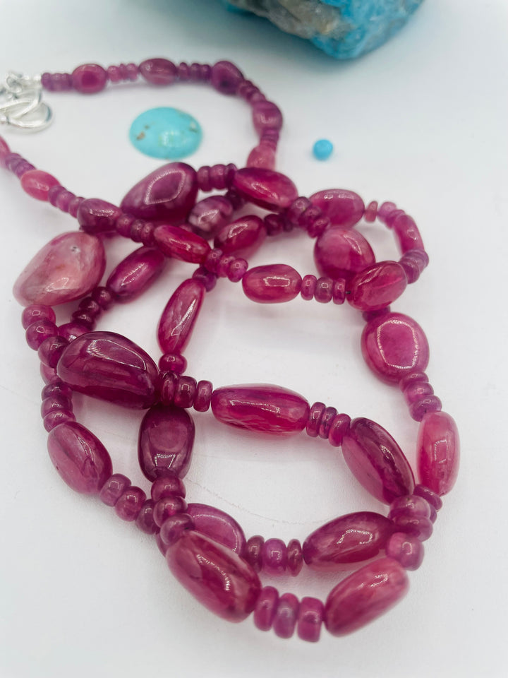 Long beaded necklace featuring natura ruby nuggets and rondelles. Available only from Rockstar Cowgirl online or in store in Cody, Wy.