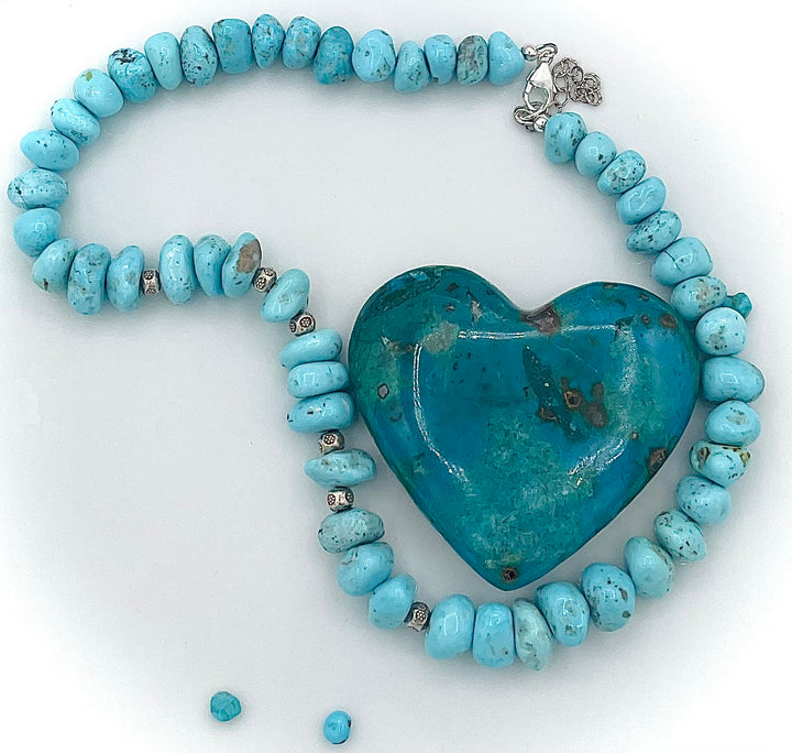 Handmade beaded necklace featuring Campitos center drilled turquoise nuggets and sterling silver beads. Available only from Rockstar Cowgirl online or in store in Cody, Wyoming.