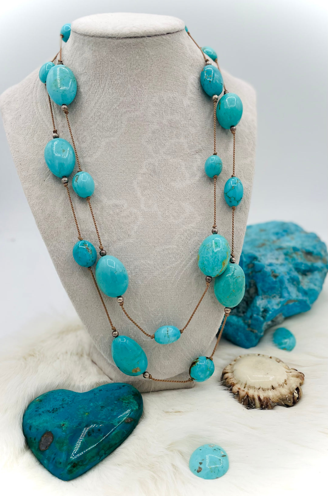 Silk knotted necklace featuring Kingman turquoise nuggets and sterling silver rounds on silk cord. Available only from Rockstar Cowgirl online or in store in Cody, Wyoming.