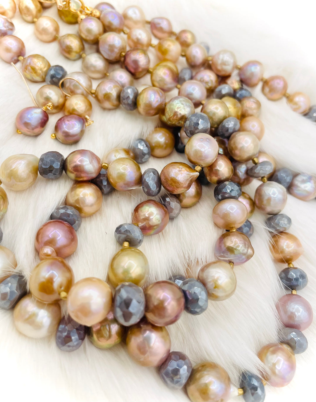 Beaded 2 strand necklace featuring natural luster pearls, grey silverite, and bronze accents with matching earrings. Available only from Rockstar Cowgirl online or in store in Cody, Wyoming.