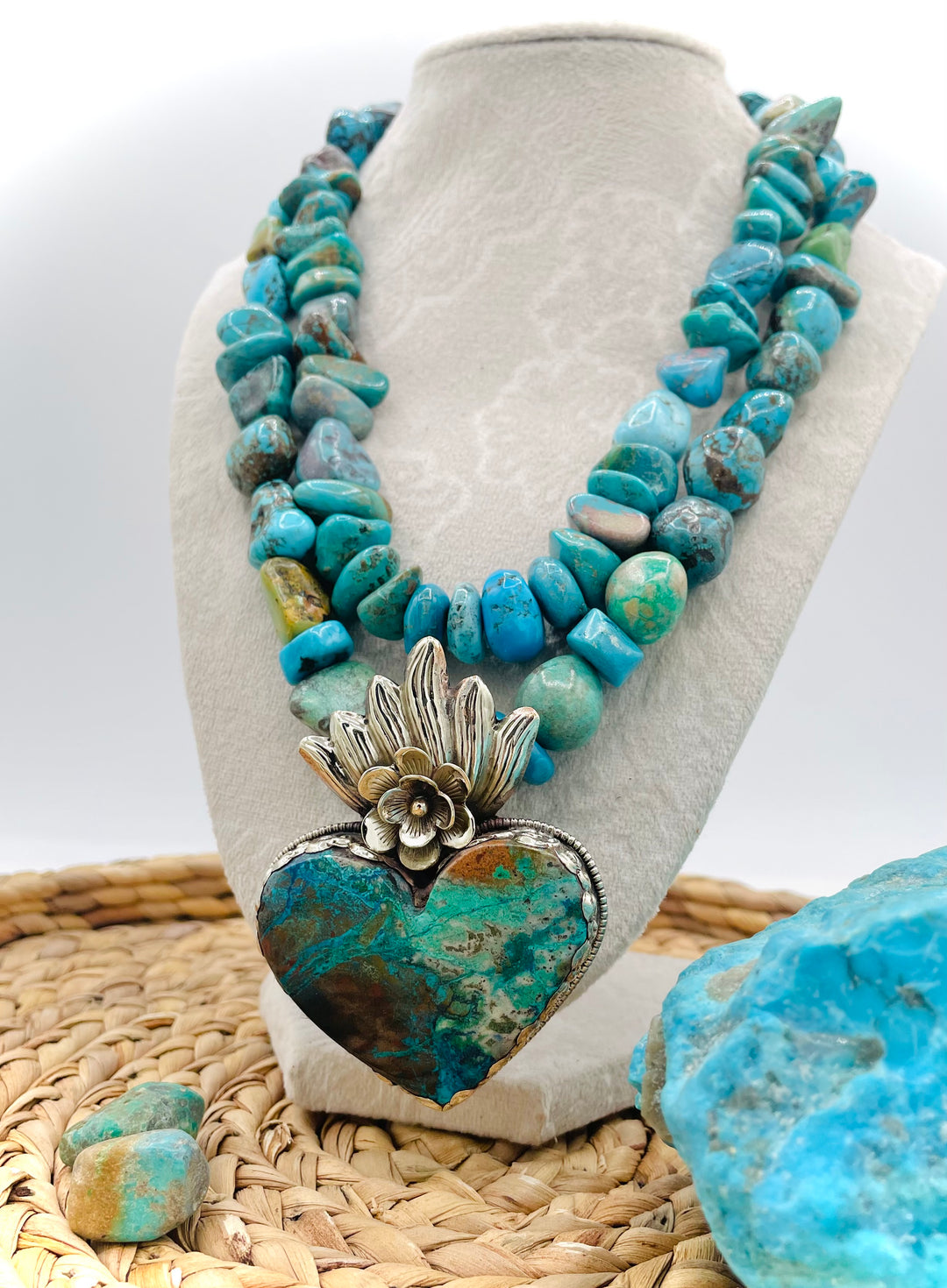 Chunky beaded turquoise necklace with Tibetan silver and chrysocolla pendent. Available only from Rockstar Cowgirl online or in Cody, Wyoming. 