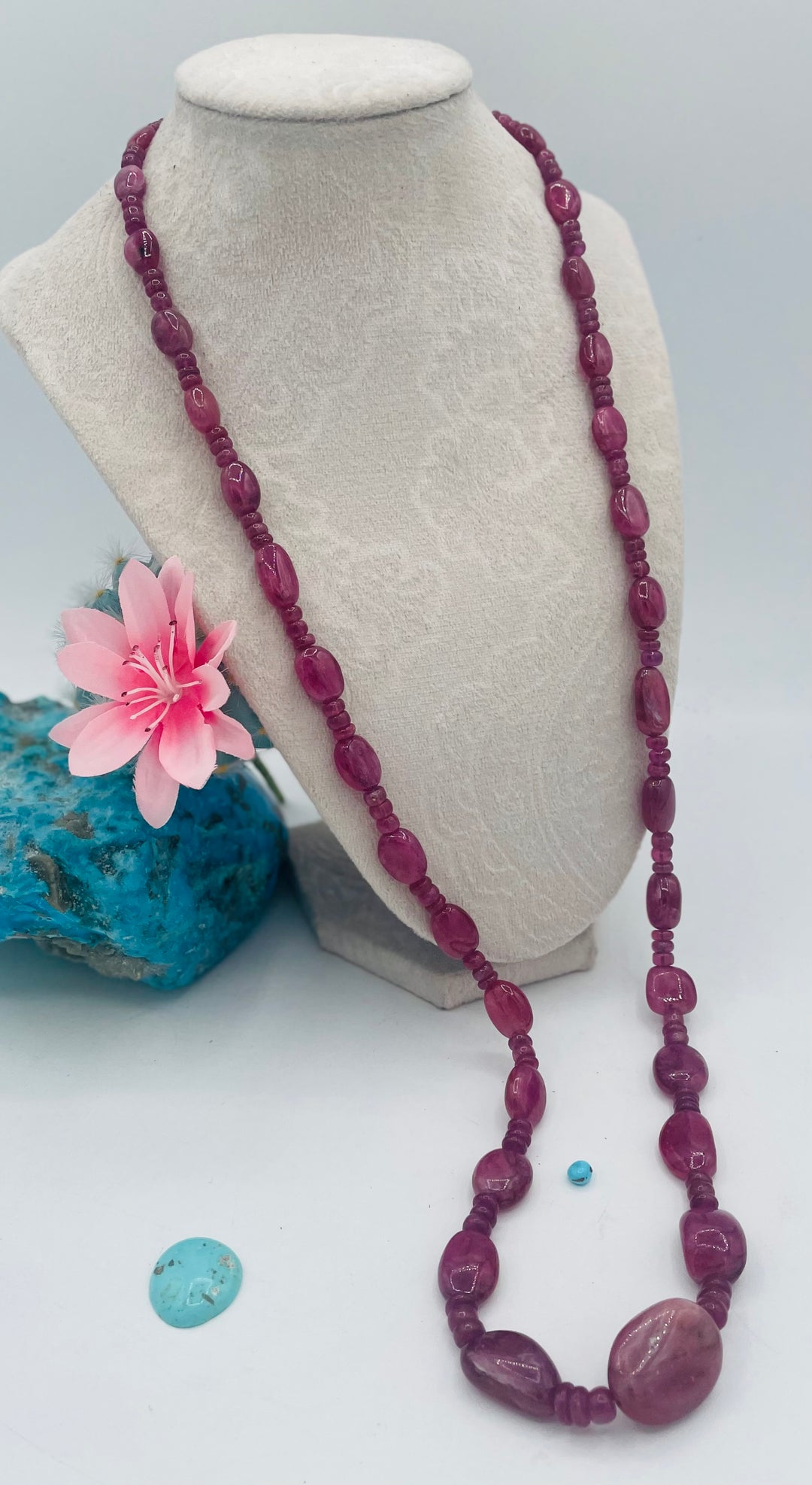 Long beaded necklace featuring natura ruby nuggets and rondelles. Available only from Rockstar Cowgirl online or in store in Cody, Wy.