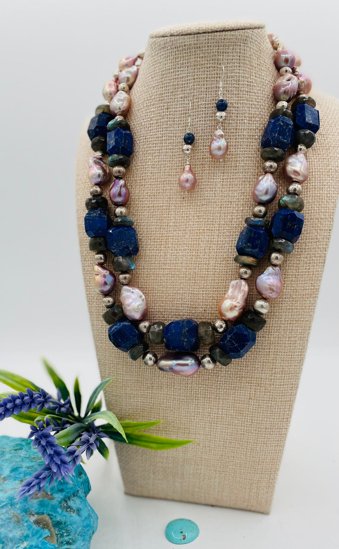 Beaded double stranded necklace featuring lapis, natural luster baroque pearls, labradorite, and sterling silver beads. Matching earrings included. Available only from Rockstar Cowgirl online or in store in Cody, Wyoming.