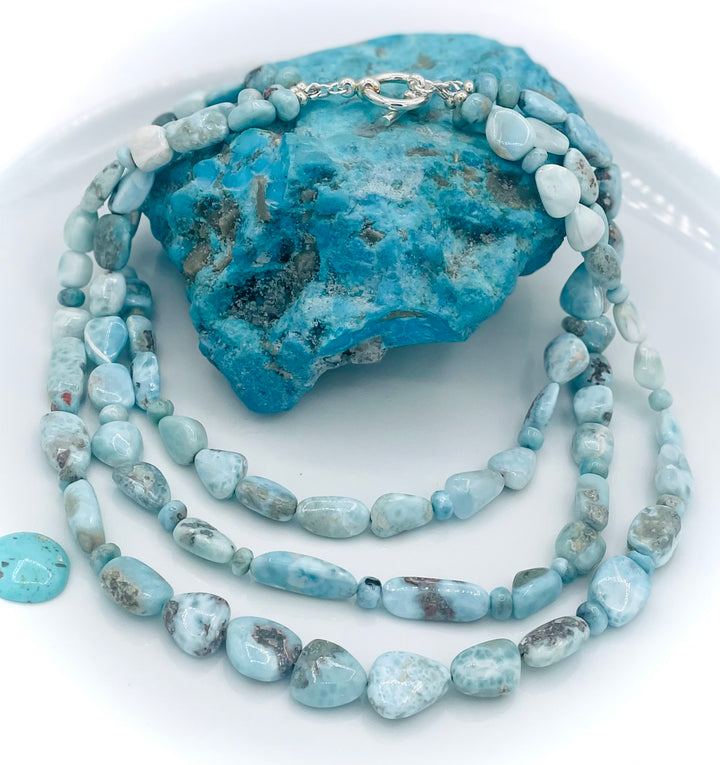 Beaded 3 strand necklace featuring Larimar nuggets and rondelles. Available only from Rockstar Cowgirl online or in store in Cody, Wyoming.