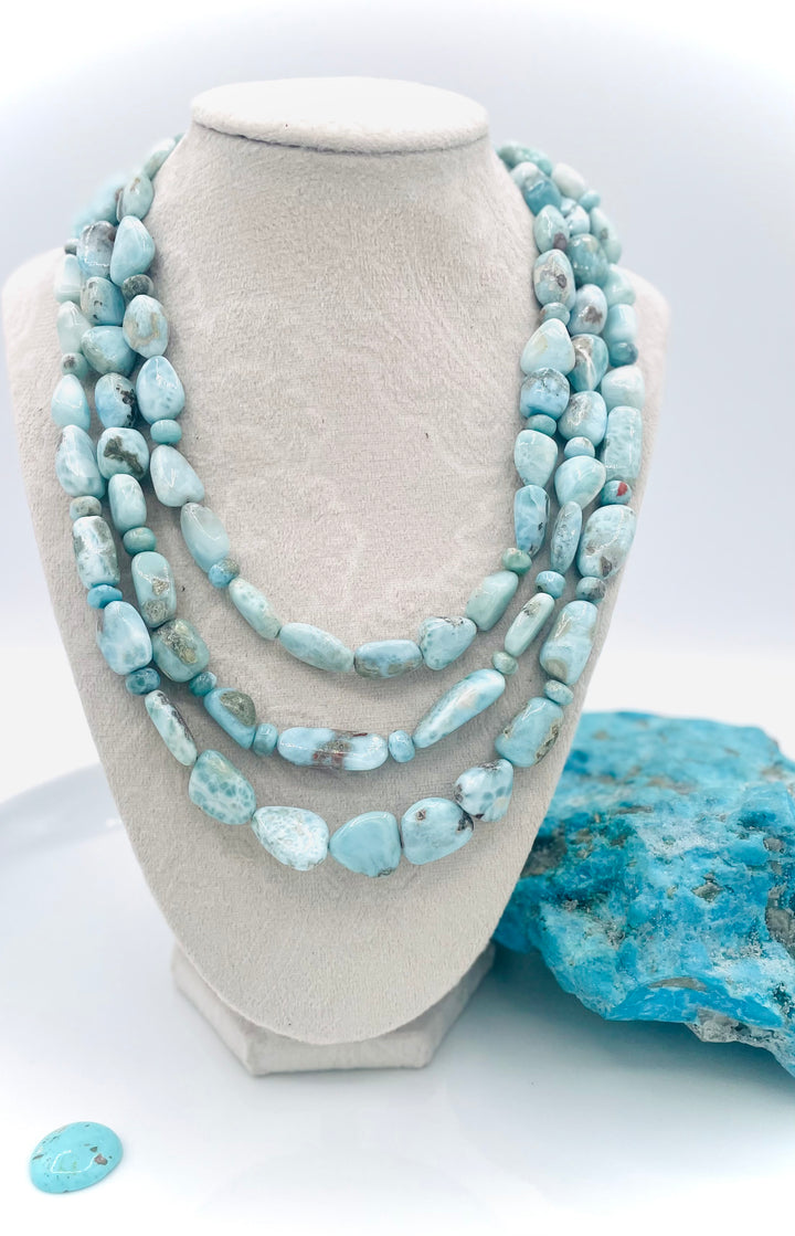 Beaded 3 strand necklace featuring Larimar nuggets and rondelles. Available only from Rockstar Cowgirl online or in store in Cody, Wyoming.