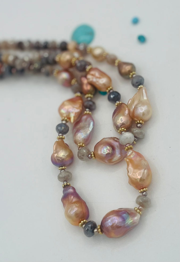 Double strand beaded necklace featuring Flameball baroque natural luster pearls, faceted Multi colored moonstone, and tiny pink pearls. Available only from Rockstar Cowgirl online or in store in Cody, Wyoming.