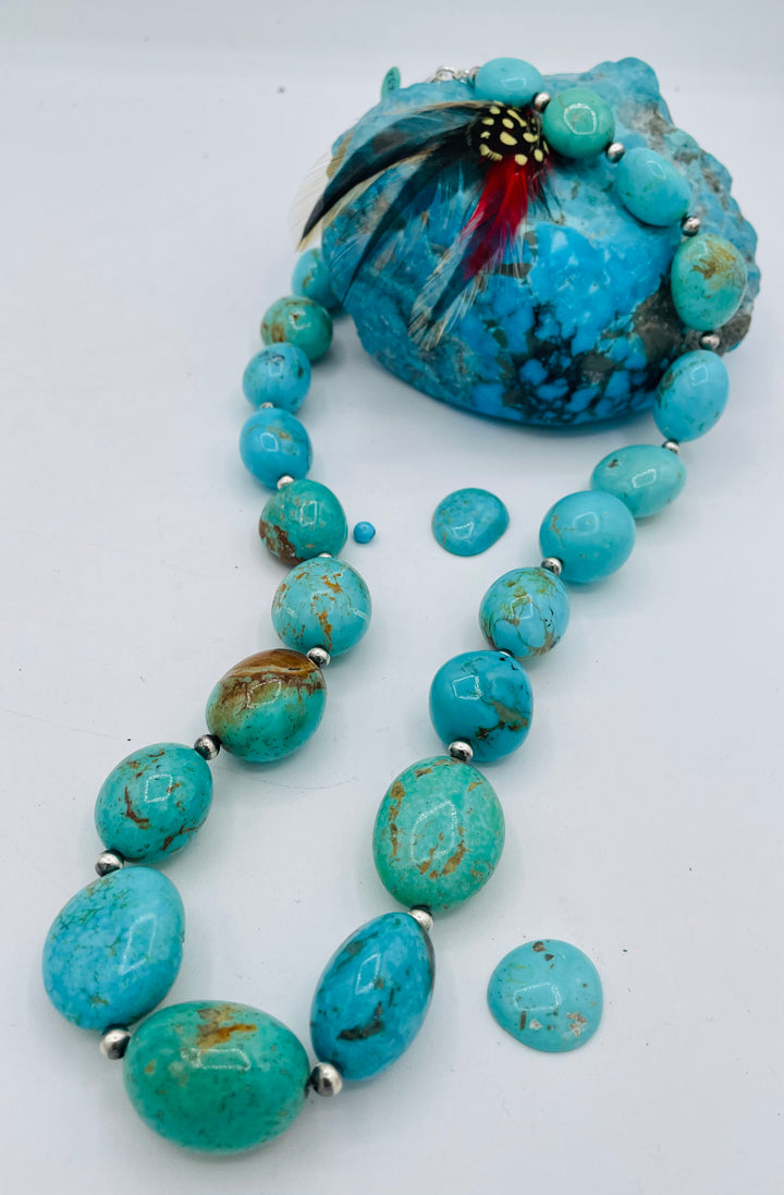 Kingman turquoise graduated nugget and sterling silver beaded necklace. Available only from Rockstar Cowgirl online or in store in Cody, Wyoming.