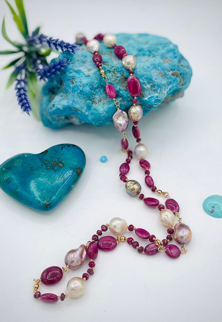 Silk knotted treasure necklace featuring rubies and natural luster Edison pearls. Available only from Rockstar Cowgirl online or in store in Cody, Wyoming.