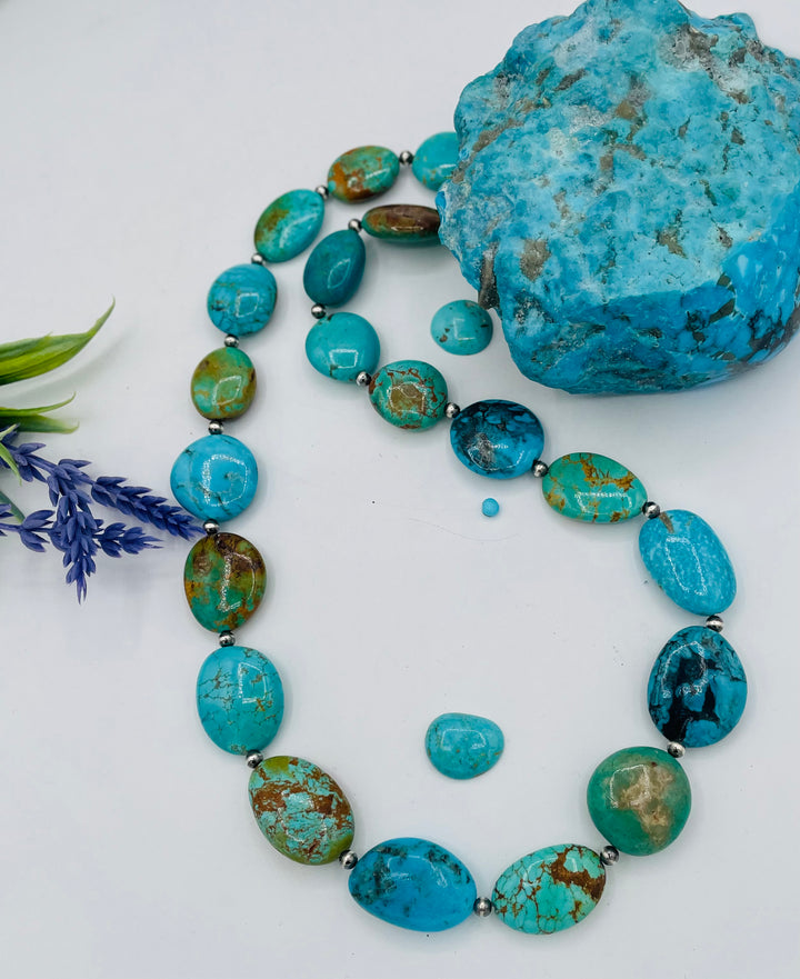 Kingman turquoise graduated nugget and sterling silver beaded necklace. Available only from Rockstar Cowgirl online or in store in Cody, Wyoming.