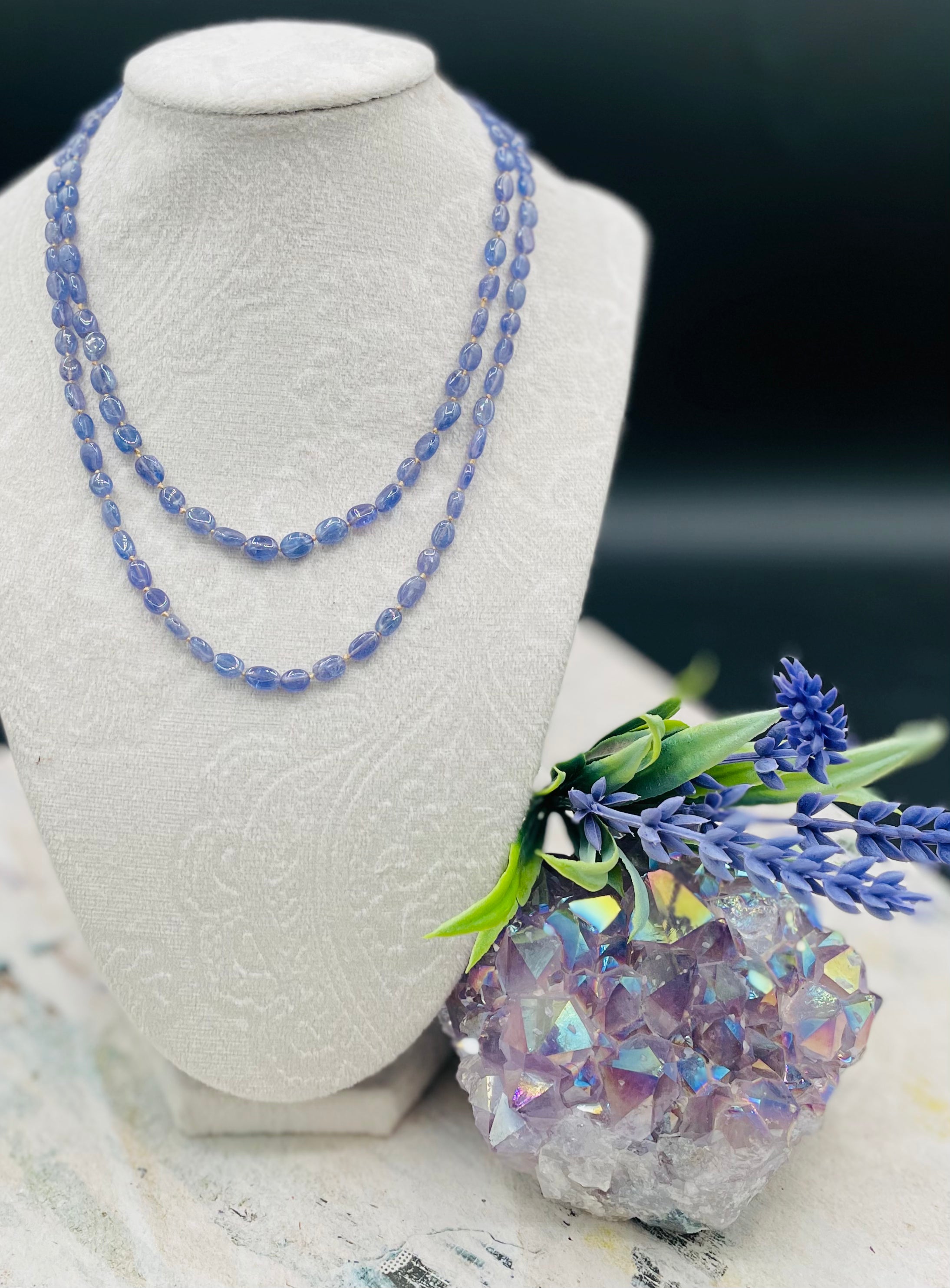 Silk knotted Tanzanite long necklace with gold silk and 14k lobster clasp. Available only from Rockstar Cowgirl online or in store in Cody, Wyoming.