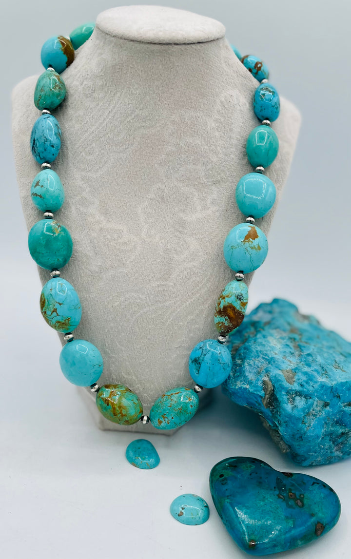 Kingman turquoise graduated nugget and sterling silver beaded necklace. Available only from Rockstar Cowgirl online or in store in Cody, Wyoming.