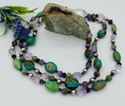 3 strand chunky necklace featuring green Kingman turquoise, African turquoise, brown opal, pink amethyst vintage sterling silver, cape amethyst, and dark amethyst. Available only rom Rockstar Cowgirl online or in store in Cody, Wyoming. 