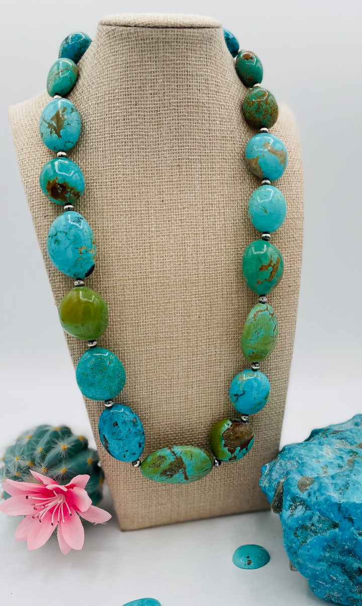 Kingman turquoise graduated nugget and sterling silver beaded necklace. Available only from Rockstar Cowgirl online or in store in Cody, Wyoming.