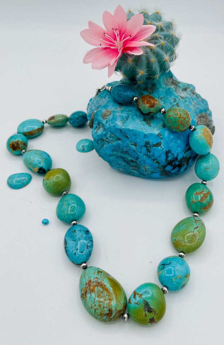Kingman turquoise graduated nugget and sterling silver beaded necklace. Available only from Rockstar Cowgirl online or in store in Cody, Wyoming.
