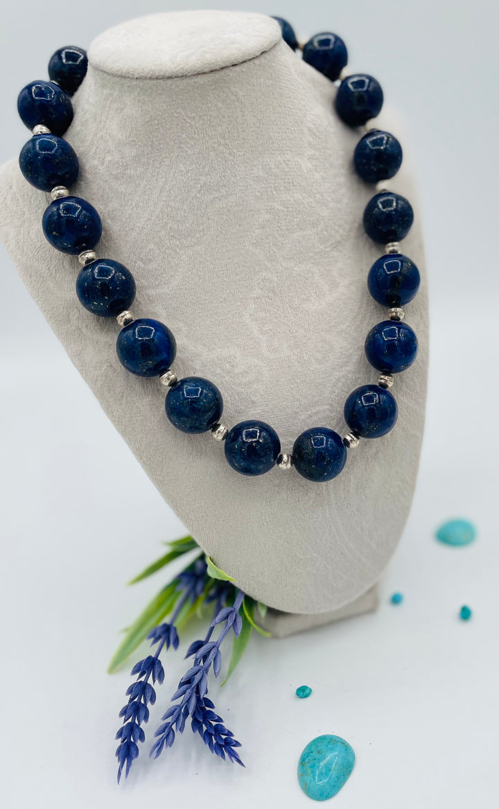 Beaded necklace featuring large Afghan lapis round beads with sterling silver beads between. Available only from Rockstar Cowgirl online or in store in Cody, Wyoming.