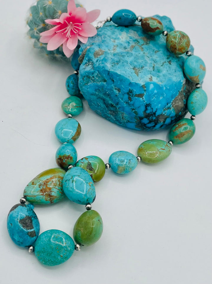 Kingman turquoise graduated nugget and sterling silver beaded necklace. Available only from Rockstar Cowgirl online or in store in Cody, Wyoming.