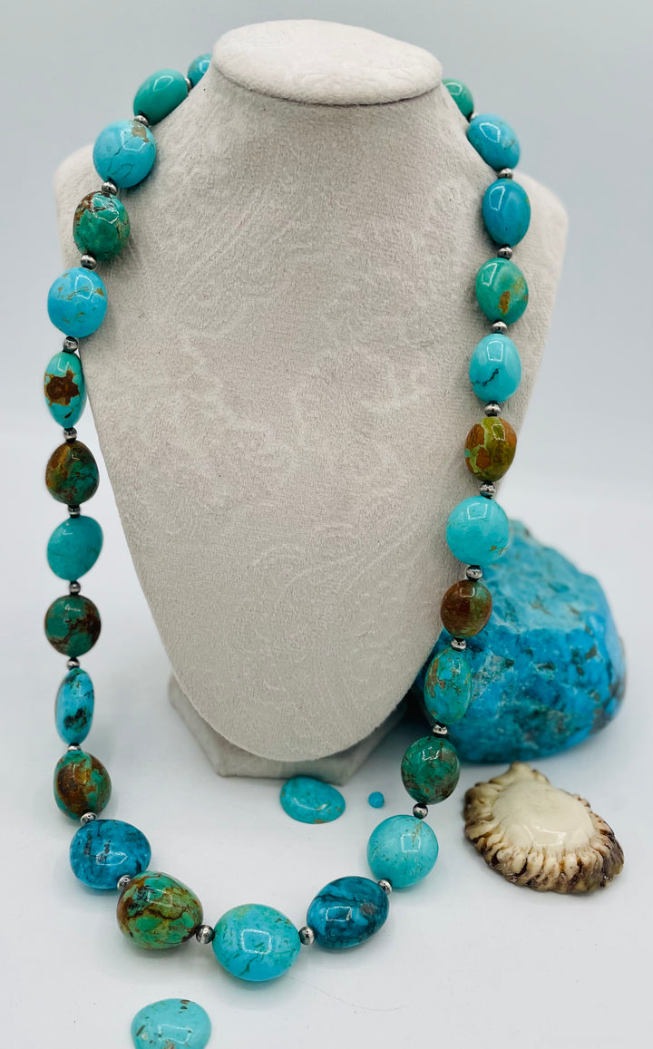 Kingman turquoise graduated nugget and sterling silver beaded necklace. Available only from Rockstar Cowgirl online or in store in Cody, Wyoming.