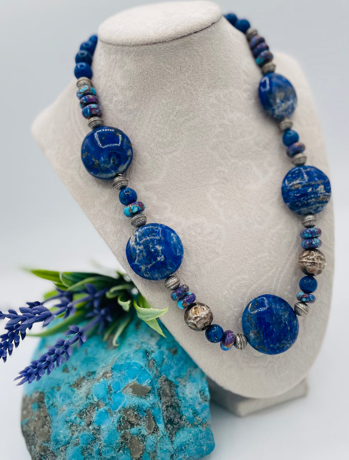 Beaded necklace featuring Lapis, purple Mojave turquoise, sterling silver beads, and a sterling silver lobster clasp with extender chain. Available only from Rockstar Cowgirl online or in store in Cody, Wyoming.