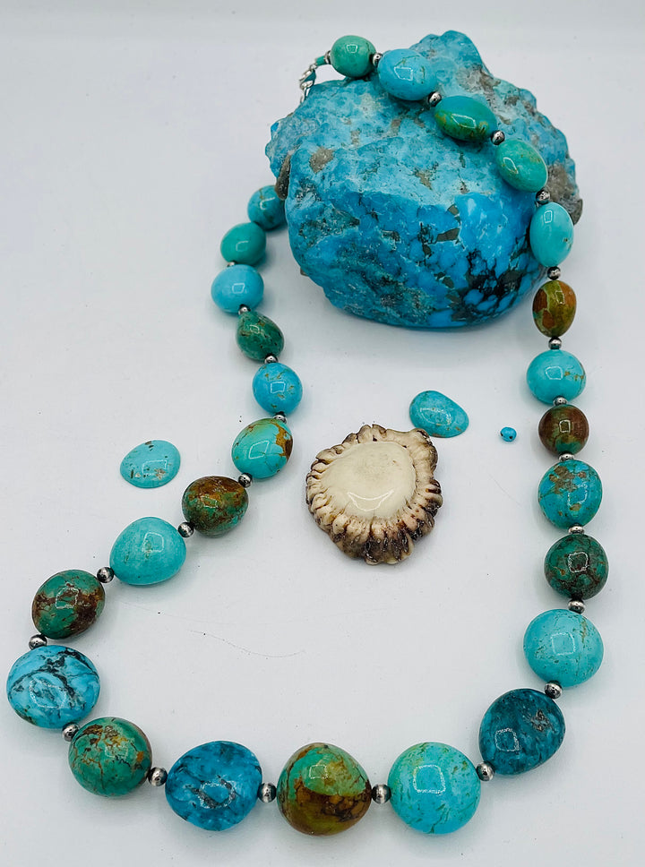 Kingman turquoise graduated nugget and sterling silver beaded necklace. Available only from Rockstar Cowgirl online or in store in Cody, Wyoming.