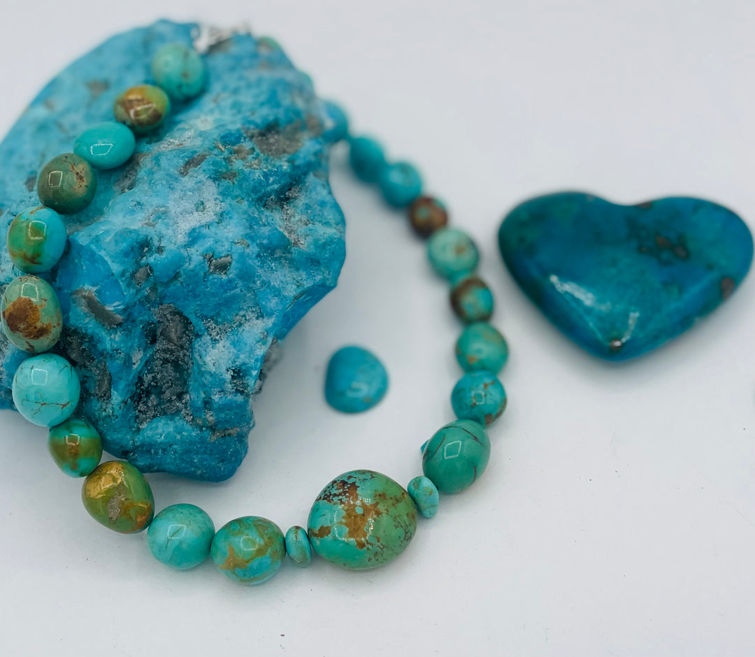 Graduated beaded necklace featuring Kingman turquoise with gold matrix in shades of blue and green. Available only from Rockstar Cowgirl online or in store in Cody, Wyoming.