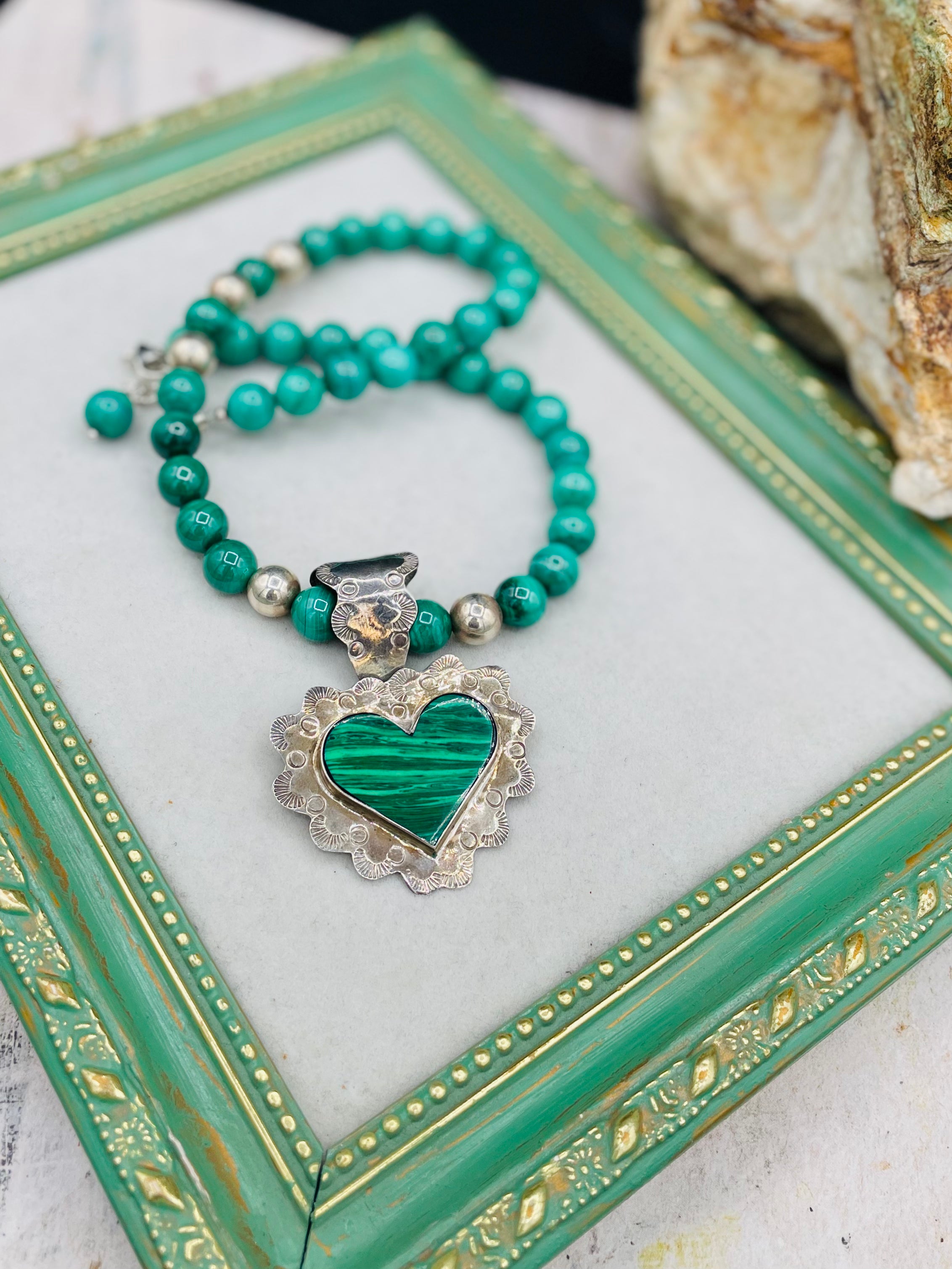 Malachite and vintage sterling silver round beaded necklace with vintage Taxco sterling silver and malachite heart pendent. Available only from Rockstar Cowgirl online or in store in Cody, Wyoming.