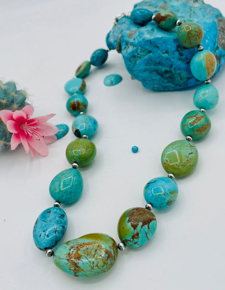 Kingman turquoise graduated nugget and sterling silver beaded necklace. Available only from Rockstar Cowgirl online or in store in Cody, Wyoming.