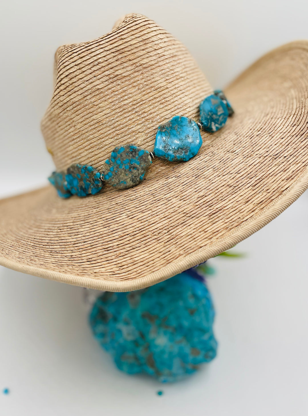 Beaded adjustable hatband that doubles as a necklace featuring Ithaca Peak turquoise and sterling silver Navajo pearl beads with deer lace in the back. Available only from Rockstar Cowgirl online or in store in Cody, Wyoming. 