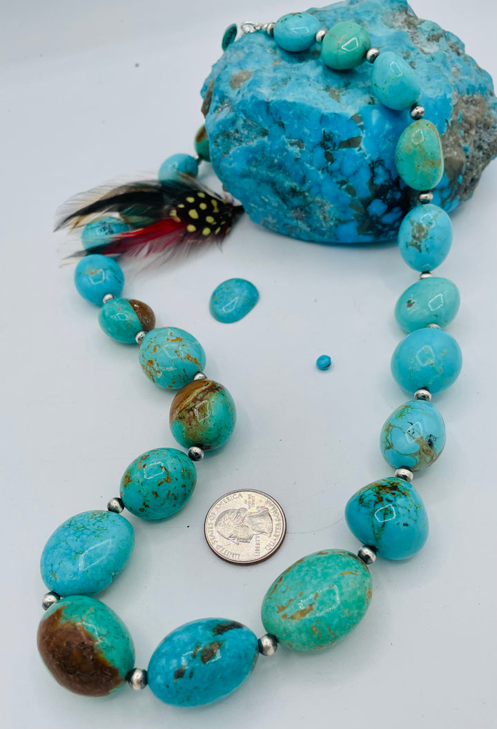 Kingman turquoise graduated nugget and sterling silver beaded necklace. U.S. quarter for size reference. Available only from Rockstar Cowgirl online or in store in Cody, Wyoming.