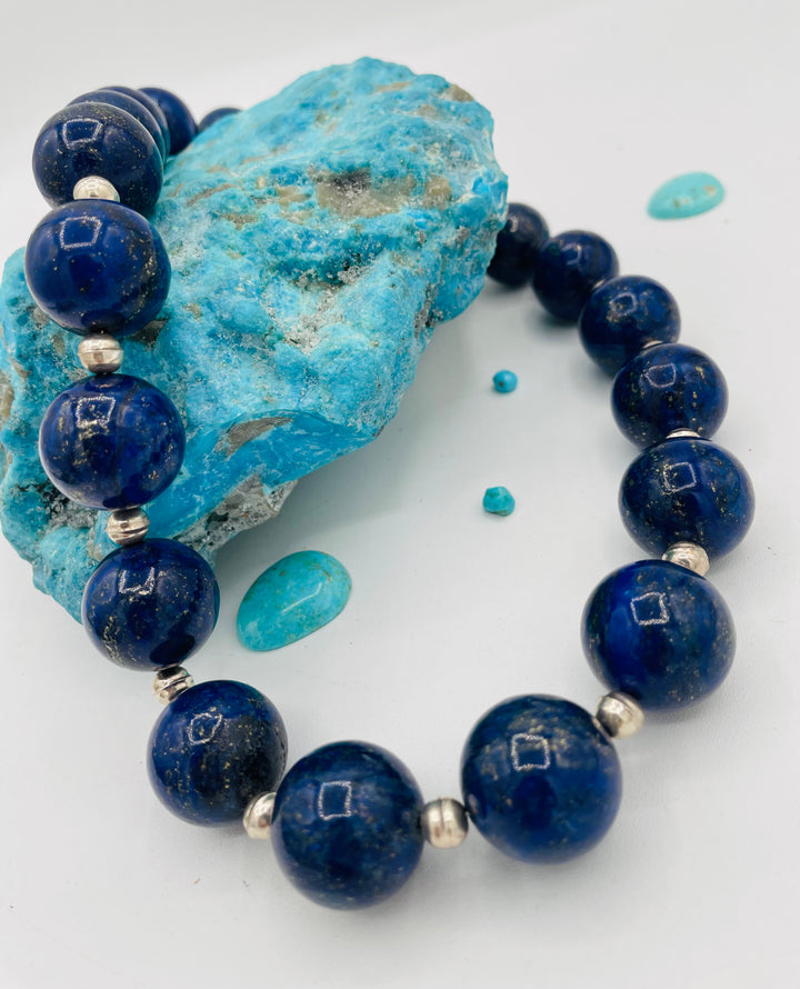 Beaded necklace featuring large Afghan lapis round beads with sterling silver beads between. Available only from Rockstar Cowgirl online or in store in Cody, Wyoming.