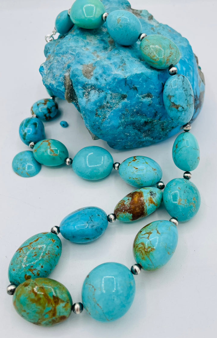 Kingman turquoise graduated nugget and sterling silver beaded necklace. Available only from Rockstar Cowgirl online or in store in Cody, Wyoming.
