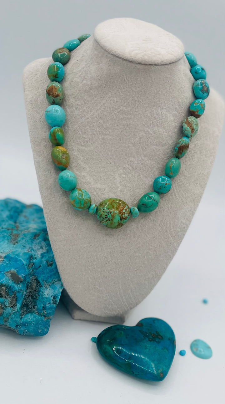 Graduated beaded necklace featuring Kingman turquoise with gold matrix in shades of blue and green. Available only from Rockstar Cowgirl online or in store in Cody, Wyoming.