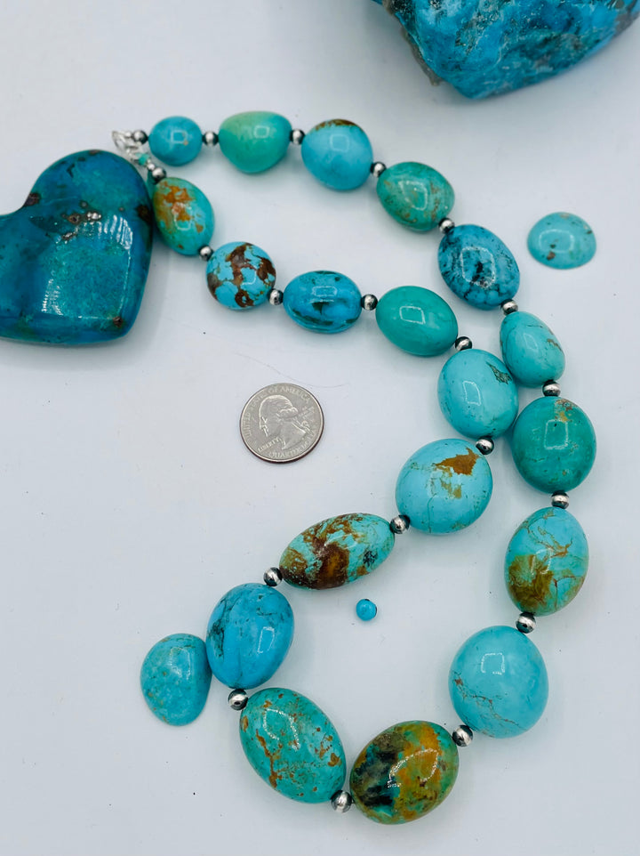 Kingman turquoise graduated nugget and sterling silver beaded necklace. U.S. quarter for size reference. Available only from Rockstar Cowgirl online or in store in Cody, Wyoming.
