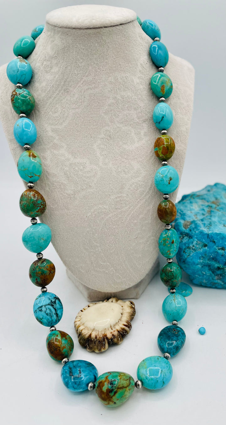 Kingman turquoise graduated nugget and sterling silver beaded necklace. Available only from Rockstar Cowgirl online or in store in Cody, Wyoming.