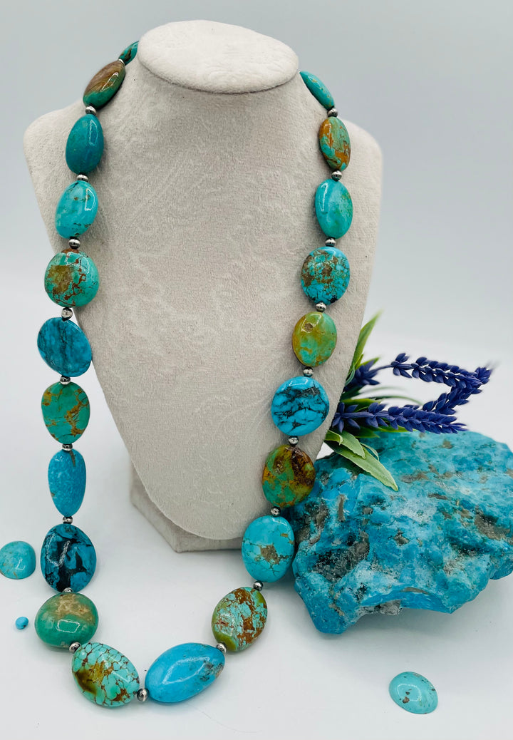 Kingman turquoise graduated nugget and sterling silver beaded necklace. Available only from Rockstar Cowgirl online or in store in Cody, Wyoming.