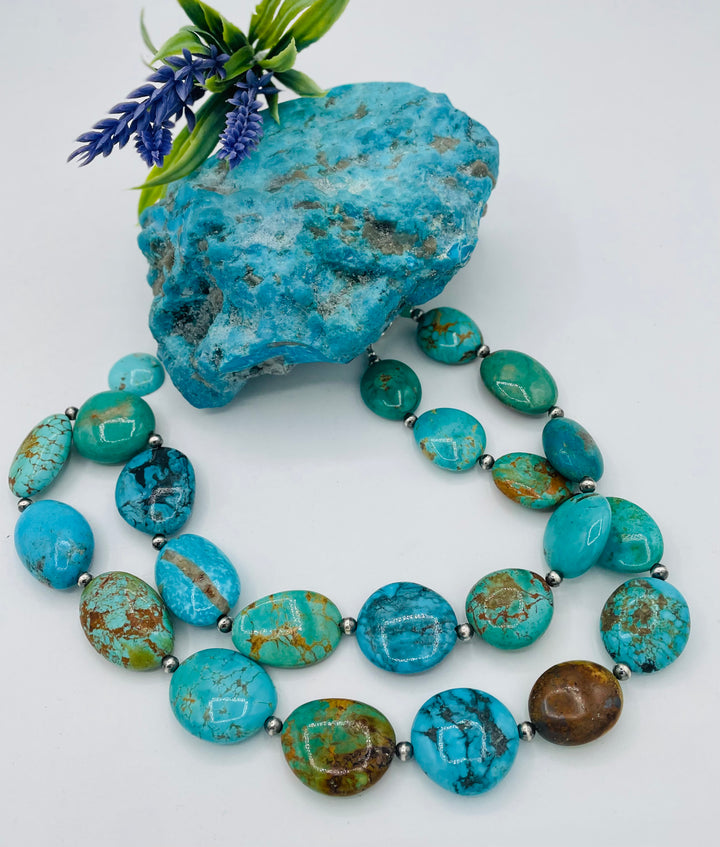Kingman turquoise graduated nugget and sterling silver beaded necklace. Available only from Rockstar Cowgirl online or in store in Cody, Wyoming.