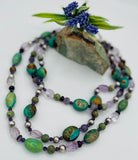 3 strand chunky necklace featuring green Kingman turquoise, African turquoise, brown opal, pink amethyst vintage sterling silver, cape amethyst, and dark amethyst. Available only rom Rockstar Cowgirl online or in store in Cody, Wyoming. 