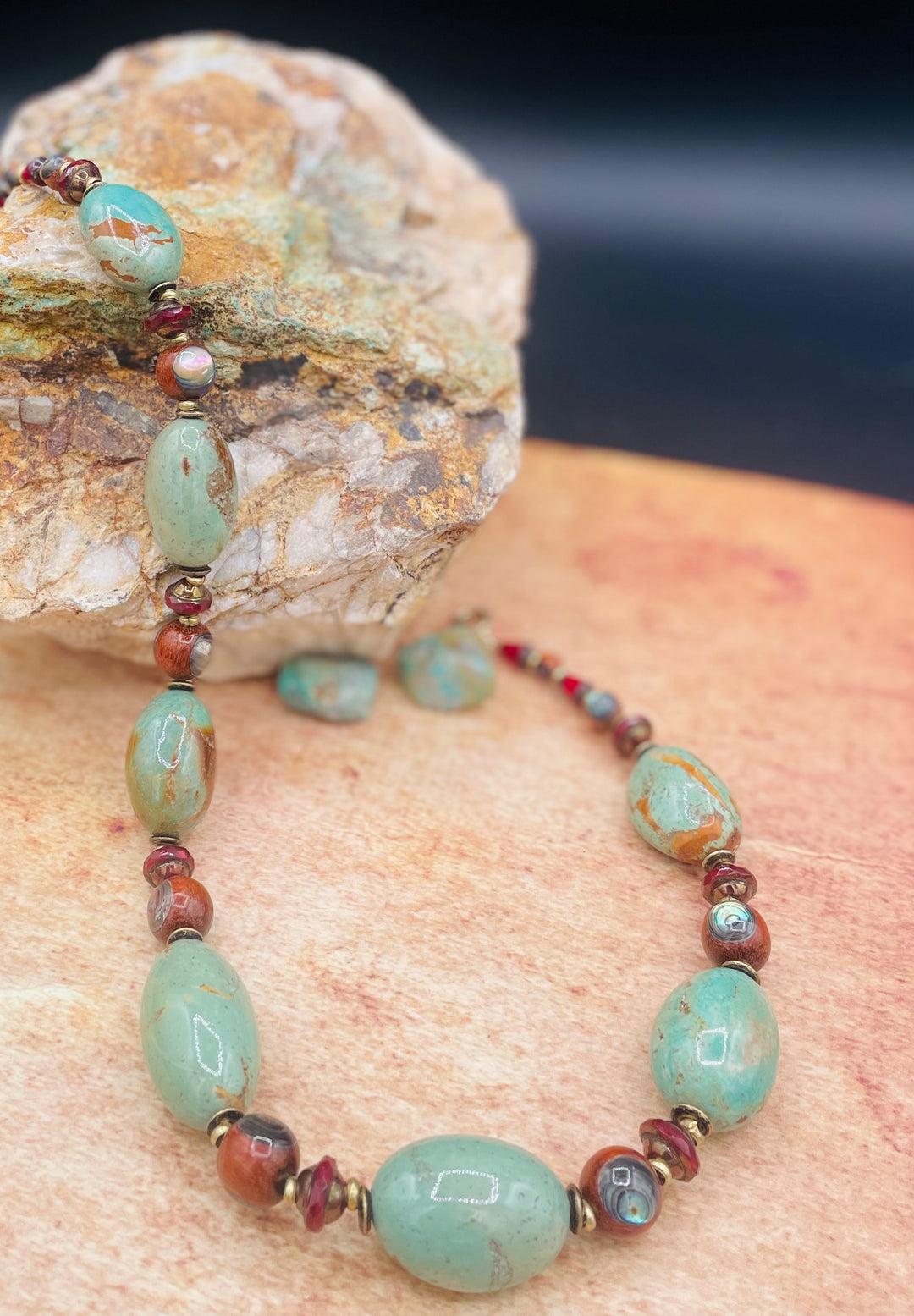 A close up of the green Kingman turquoise beads in this necklace available only from Rockstar Cowgirl online or in store in Cody, Wyoming.