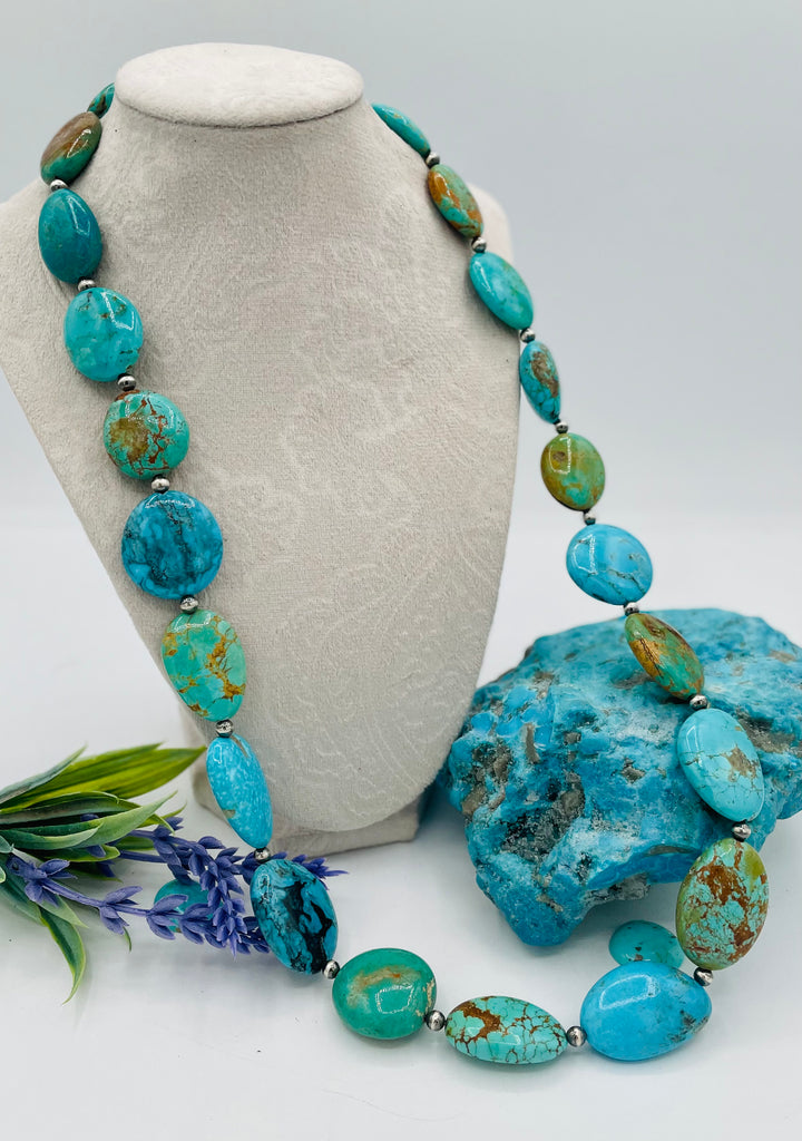 Kingman turquoise graduated nugget and sterling silver beaded necklace. Available only from Rockstar Cowgirl online or in store in Cody, Wyoming.