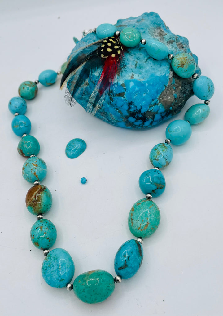 Kingman turquoise graduated nugget and sterling silver beaded necklace. Available only from Rockstar Cowgirl online or in store in Cody, Wyoming.