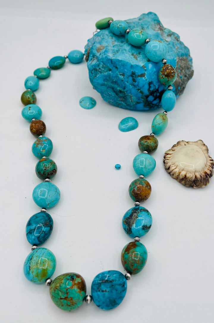 Kingman turquoise graduated nugget and sterling silver beaded necklace. Available only from Rockstar Cowgirl online or in store in Cody, Wyoming.