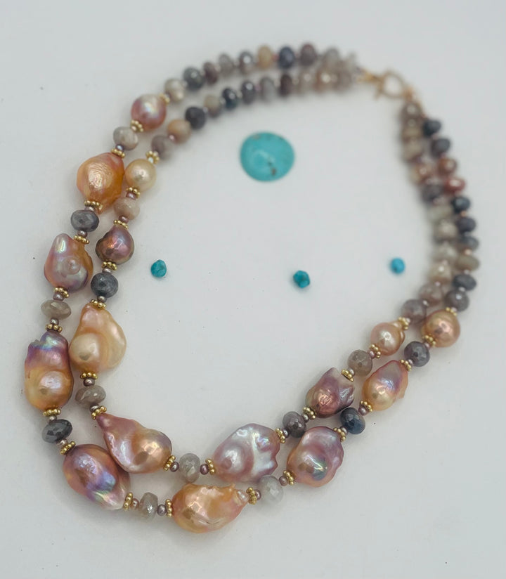 Double strand beaded necklace featuring Flameball baroque natural luster pearls, faceted Multi colored moonstone, and tiny pink pearls. Available only from Rockstar Cowgirl online or in store in Cody, Wyoming.