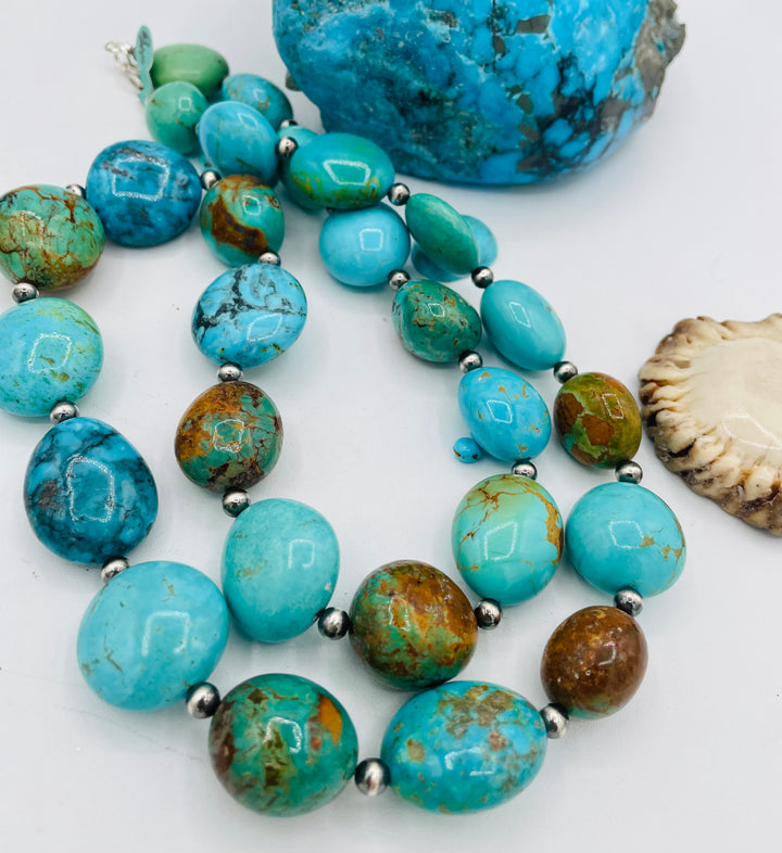 Kingman turquoise graduated nugget and sterling silver beaded necklace. Available only from Rockstar Cowgirl online or in store in Cody, Wyoming.