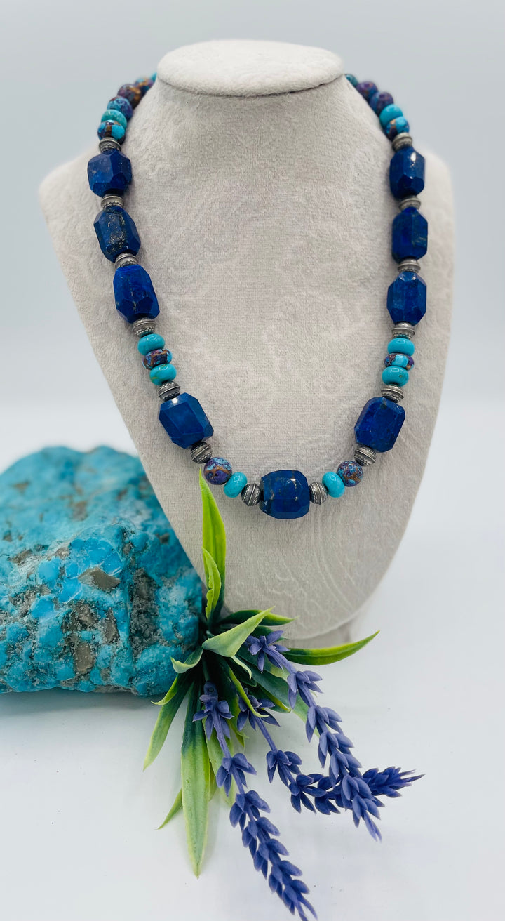 Beaded necklace featuring Lapis lazuli, royal beauty turquoise, purple Mojave turquoise, sterling silver beads and a sterling silver clasp. Available only from Rockstar Cowgirl online or in store in Cody, Wyoming.