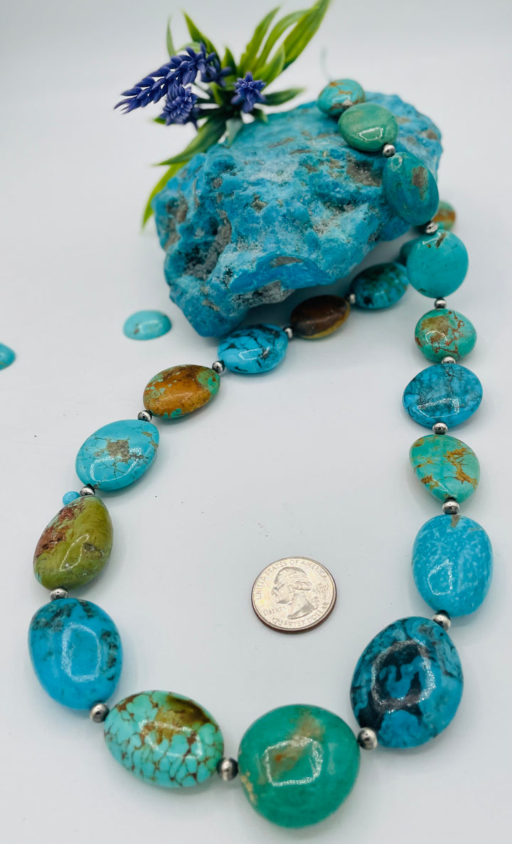 Kingman turquoise graduated nugget and sterling silver beaded necklace. U.S. quarter for size reference. Available only from Rockstar Cowgirl online or in store in Cody, Wyoming.