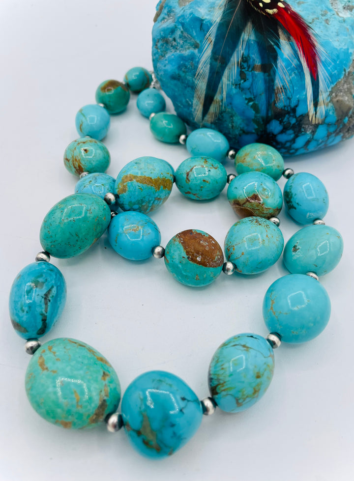 Kingman turquoise graduated nugget and sterling silver beaded necklace. Available only from Rockstar Cowgirl online or in store in Cody, Wyoming.