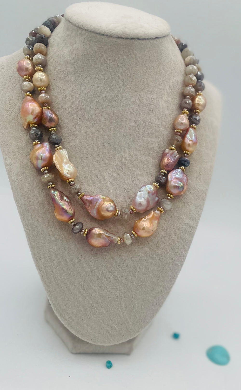 Double strand beaded necklace featuring Flameball baroque natural luster pearls, faceted Multi colored moonstone, and tiny pink pearls. Available only from Rockstar Cowgirl online or in store in Cody, Wyoming.