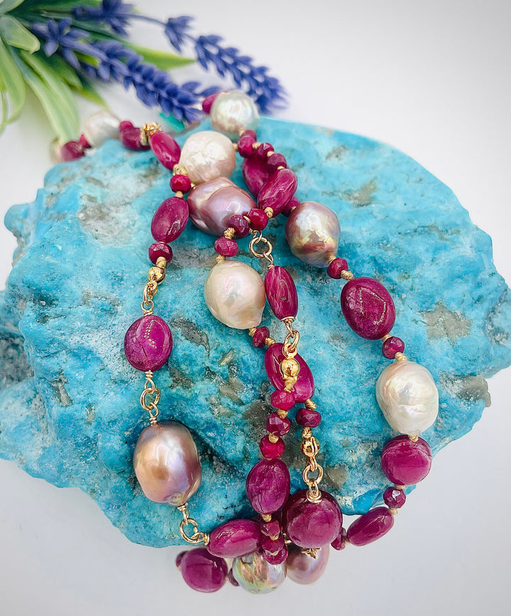 Silk knotted treasure necklace featuring rubies and natural luster Edison pearls. Available only from Rockstar Cowgirl online or in store in Cody, Wyoming.