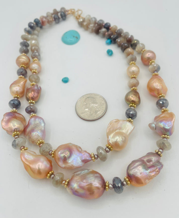 Double strand beaded necklace featuring Flameball baroque natural luster pearls, faceted Multi colored moonstone, and tiny pink pearls. Available only from Rockstar Cowgirl online or in store in Cody, Wyoming.