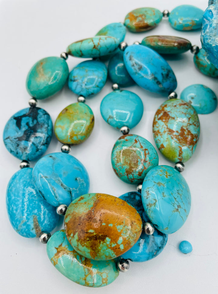 Kingman turquoise graduated nugget and sterling silver beaded necklace. Available only from Rockstar Cowgirl online or in store in Cody, Wyoming.